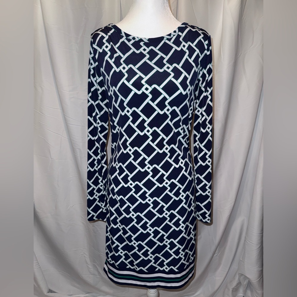 Michael Kors Navy and White Geometric Long Sleeve Dress - Picture 3 of 6